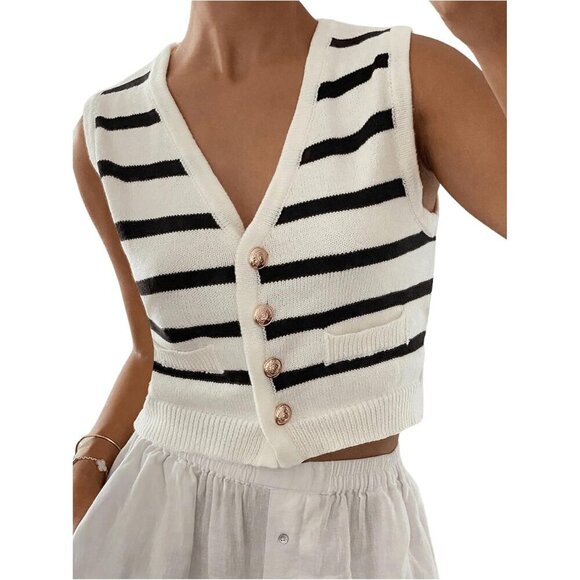 Tops - Women's Striped Knit Sweater Vest Small Sleeveless V Neck Button Top